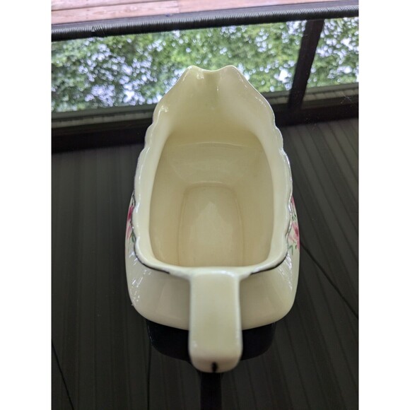 Vintage Canarytone Gravy Boat Cherry Blossoms Unmarked Silver Trim Porcelain - Picture 5 of 14